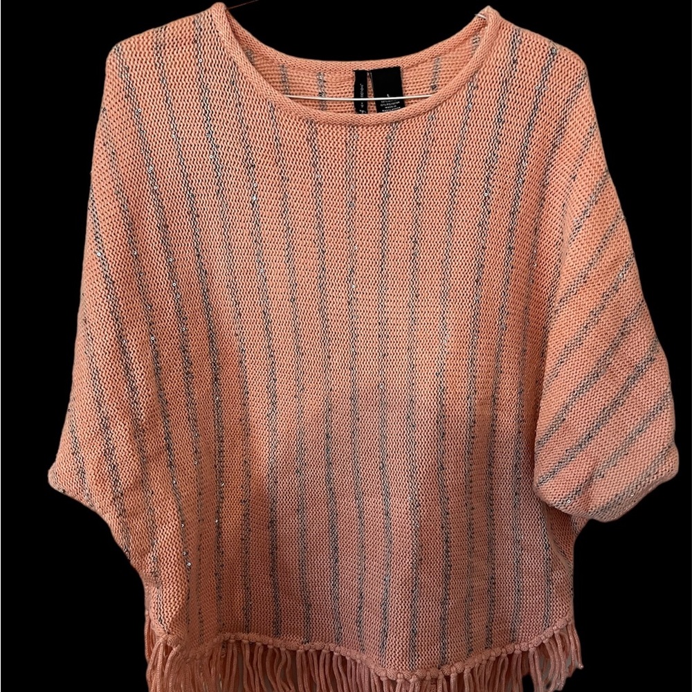 New Directions peach and gray striped sweater. Small sequins in the gray stripe.